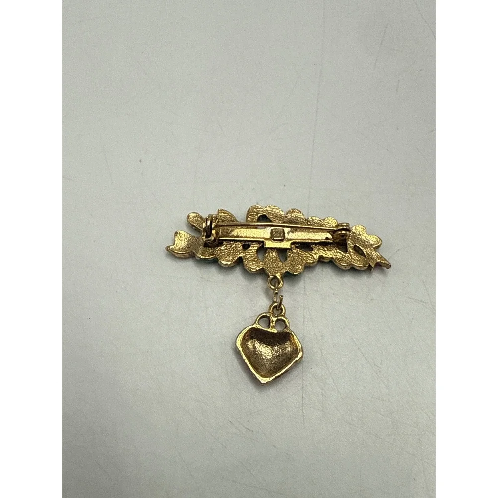 Vintage Christmas Holly Ribbon Heart Dangle‎ Brooch Faux Pearl Enamel Gold Tone